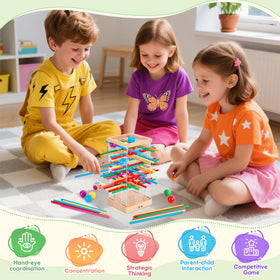 WhimsiPlay wooden tower centerpiece for the stacking and pull game.
