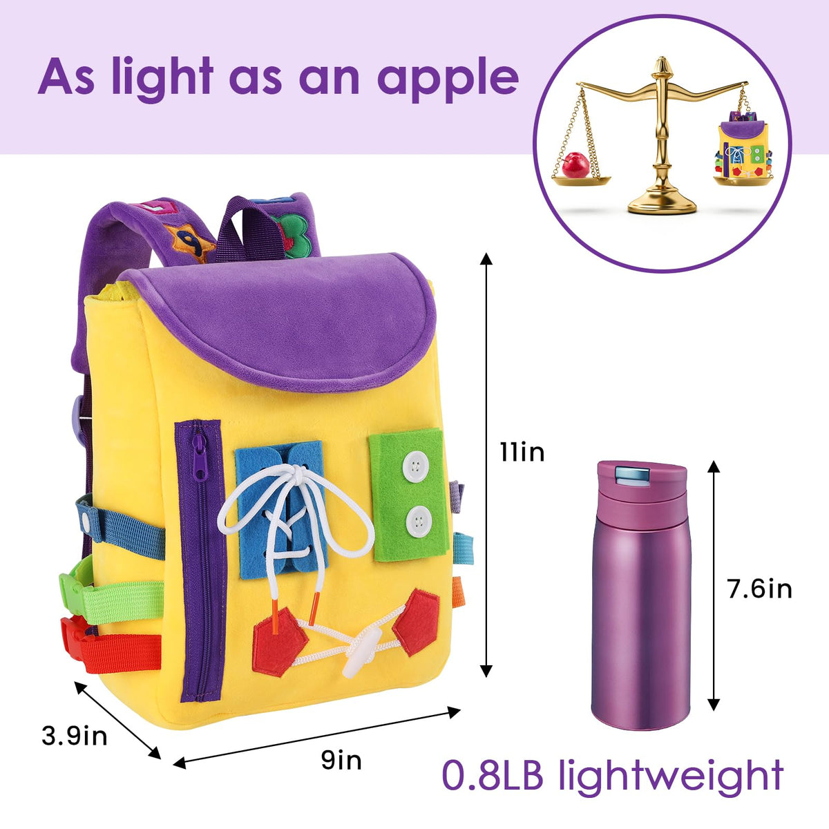 White Dolphin Toys busy backpack sensory features engage fingers for fine motor development