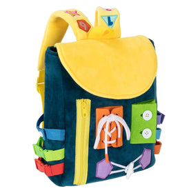 WHITE DOLPHIN TOYS Busy Board Backpack with Buckles helps develop fine motor skills.
