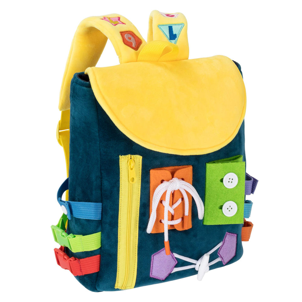 WHITE DOLPHIN TOYS Busy Board Backpack with Buckles helps develop fine motor skills.