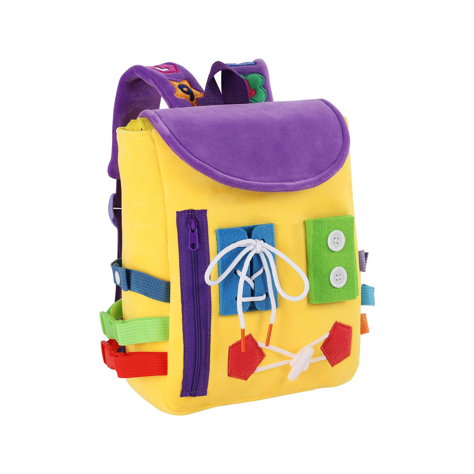 White Dolphin Toys Busy Board backpack with buckles promotes fine motor play