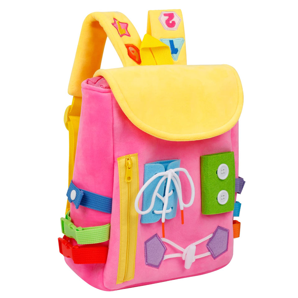 WHITE DOLPHIN TOYS Busy Board Backpack with buckles for toddler fine motor practice