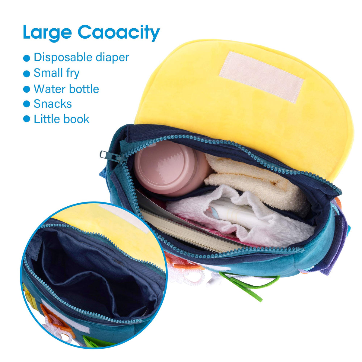 WHITE DOLPHIN TOYS Plush backpack uses soft materials safe for babies.