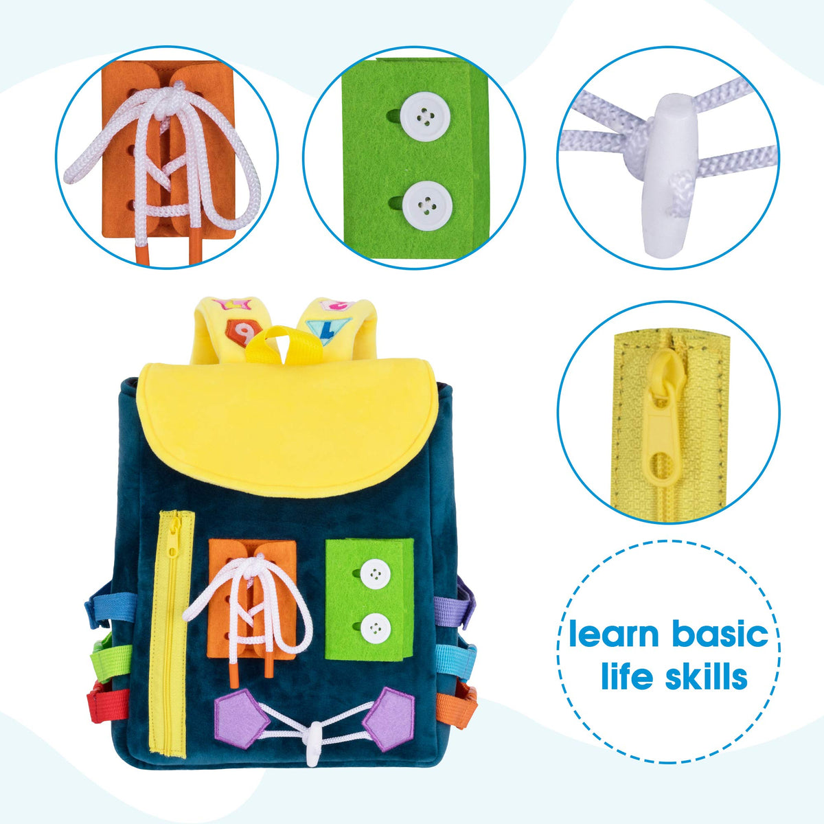 WHITE DOLPHIN TOYS Large-capacity toddler backpack stores diapers, books and toys.