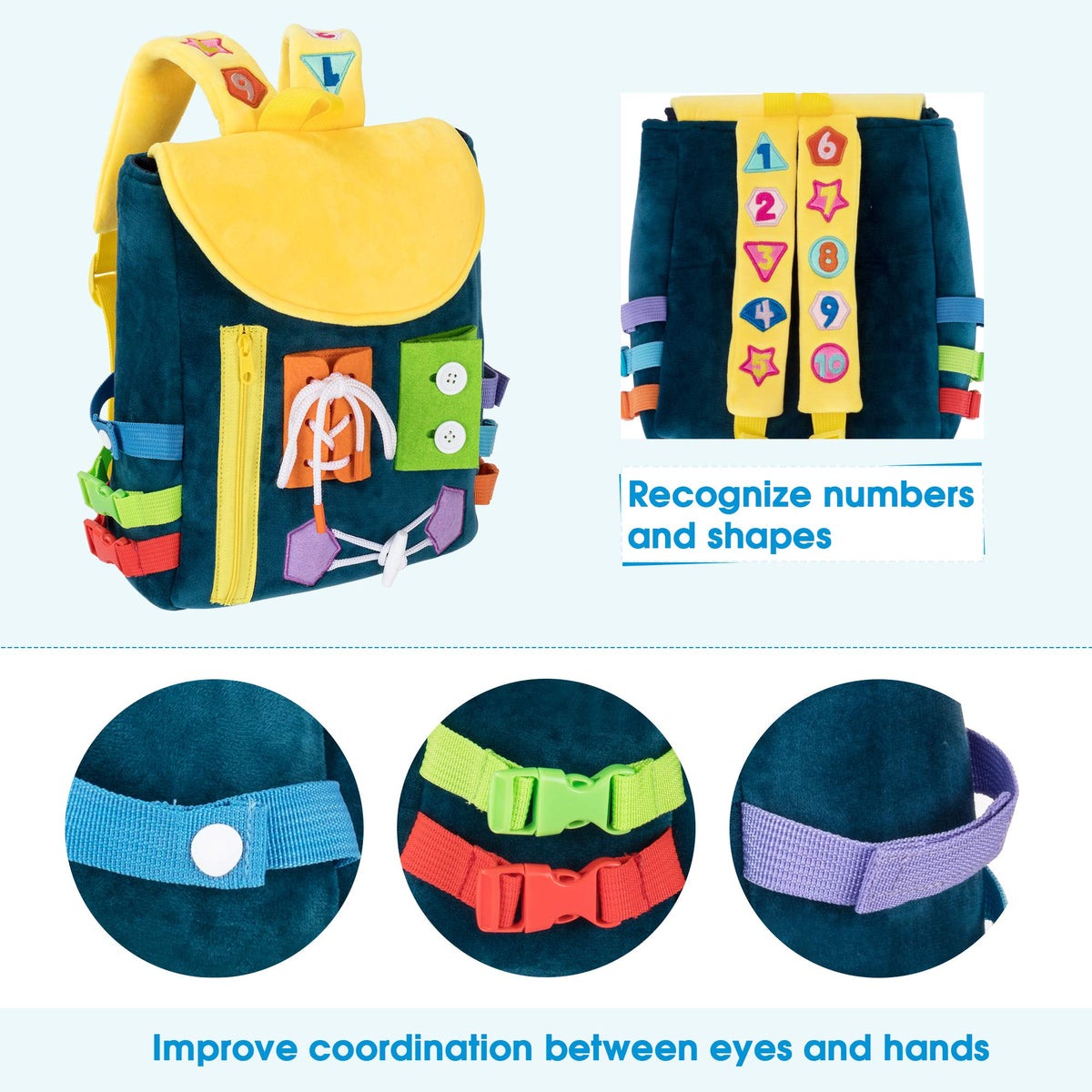 WHITE DOLPHIN TOYS Toddler Backpack strap numbers promotes early math and counting.