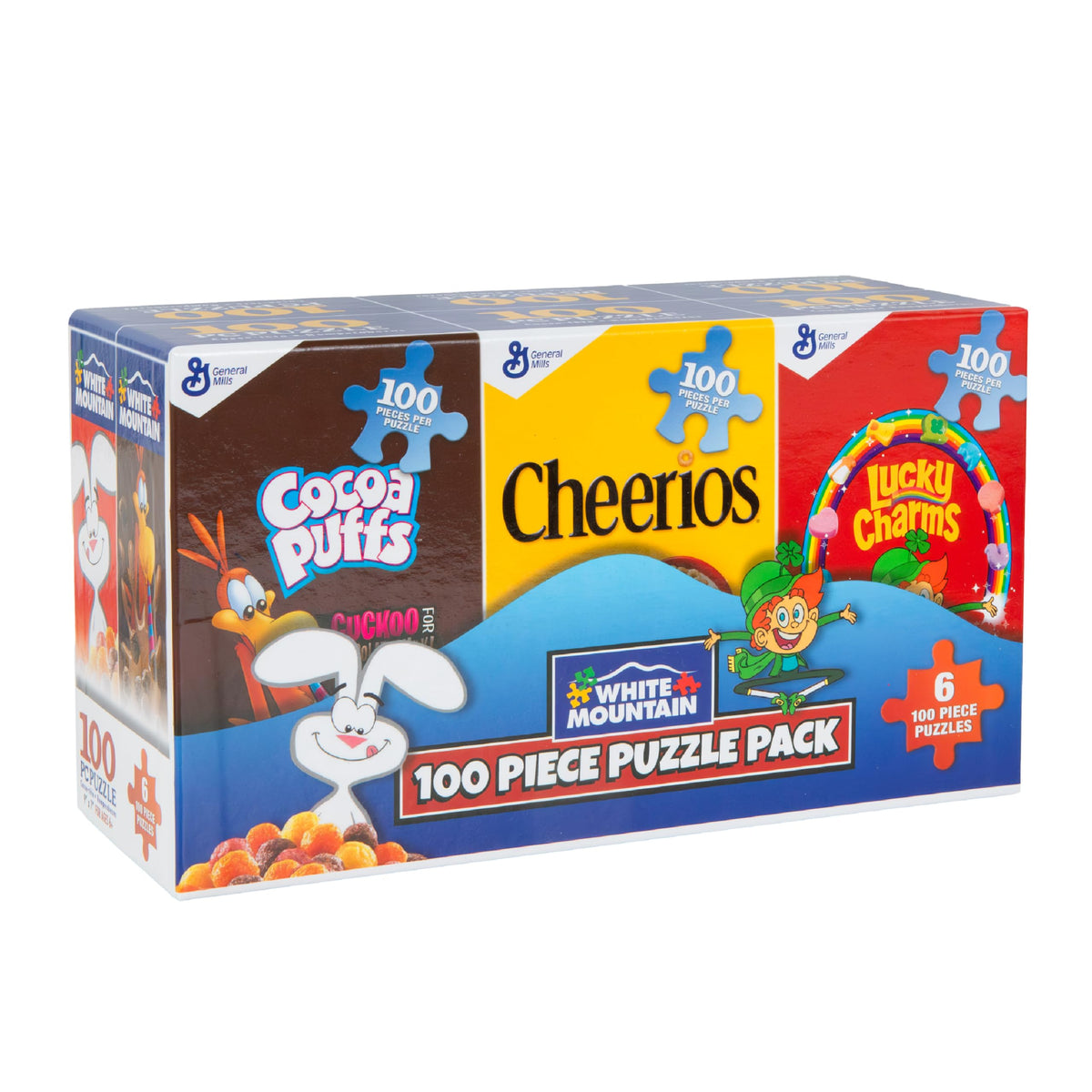 White Mountain 100-piece puzzle box front shows six cereal designs for family fun