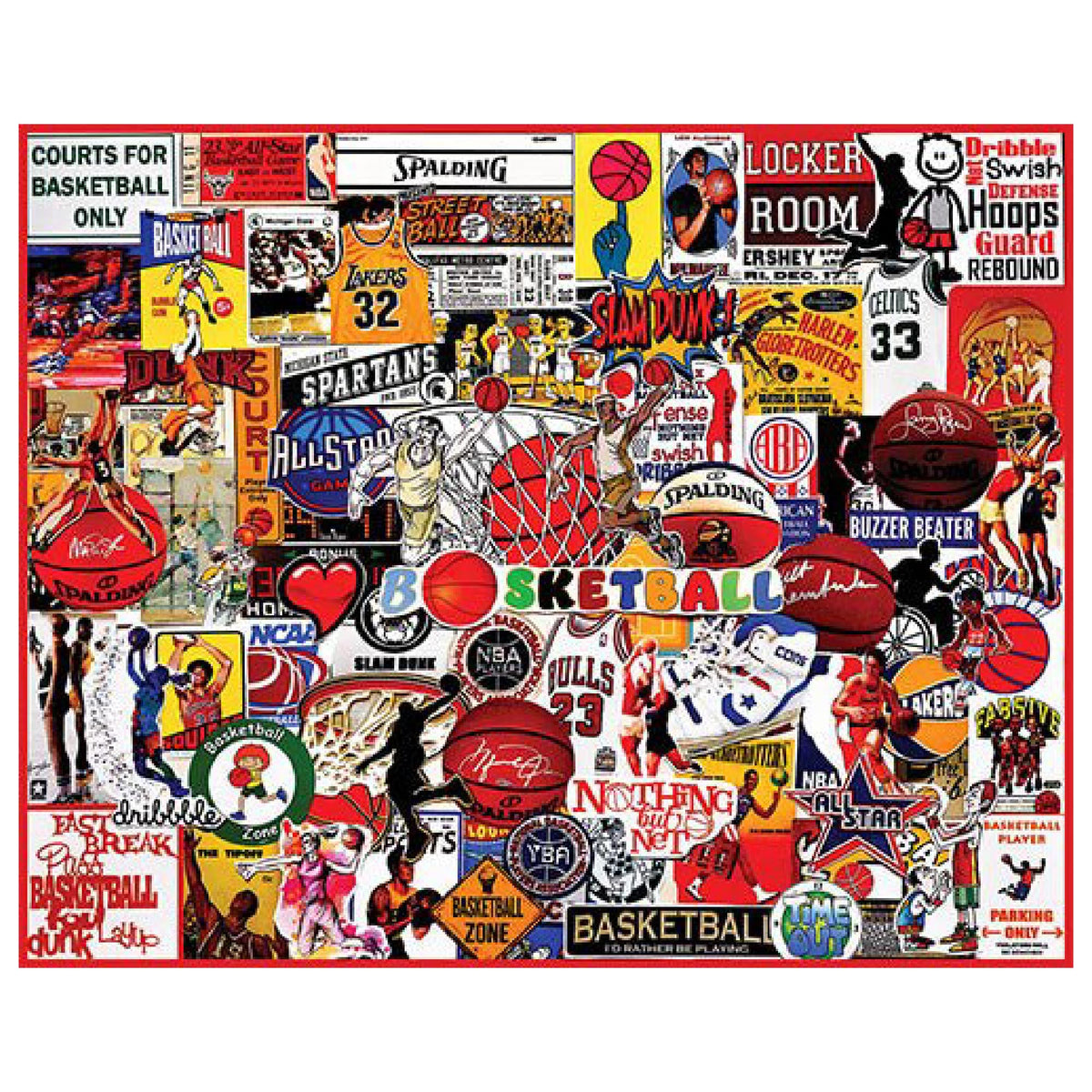 White Mountain 1000-piece basketball legends collage puzzle for family game night and focus.