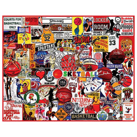 White Mountain 1000-piece basketball legends collage puzzle for family game night and focus.