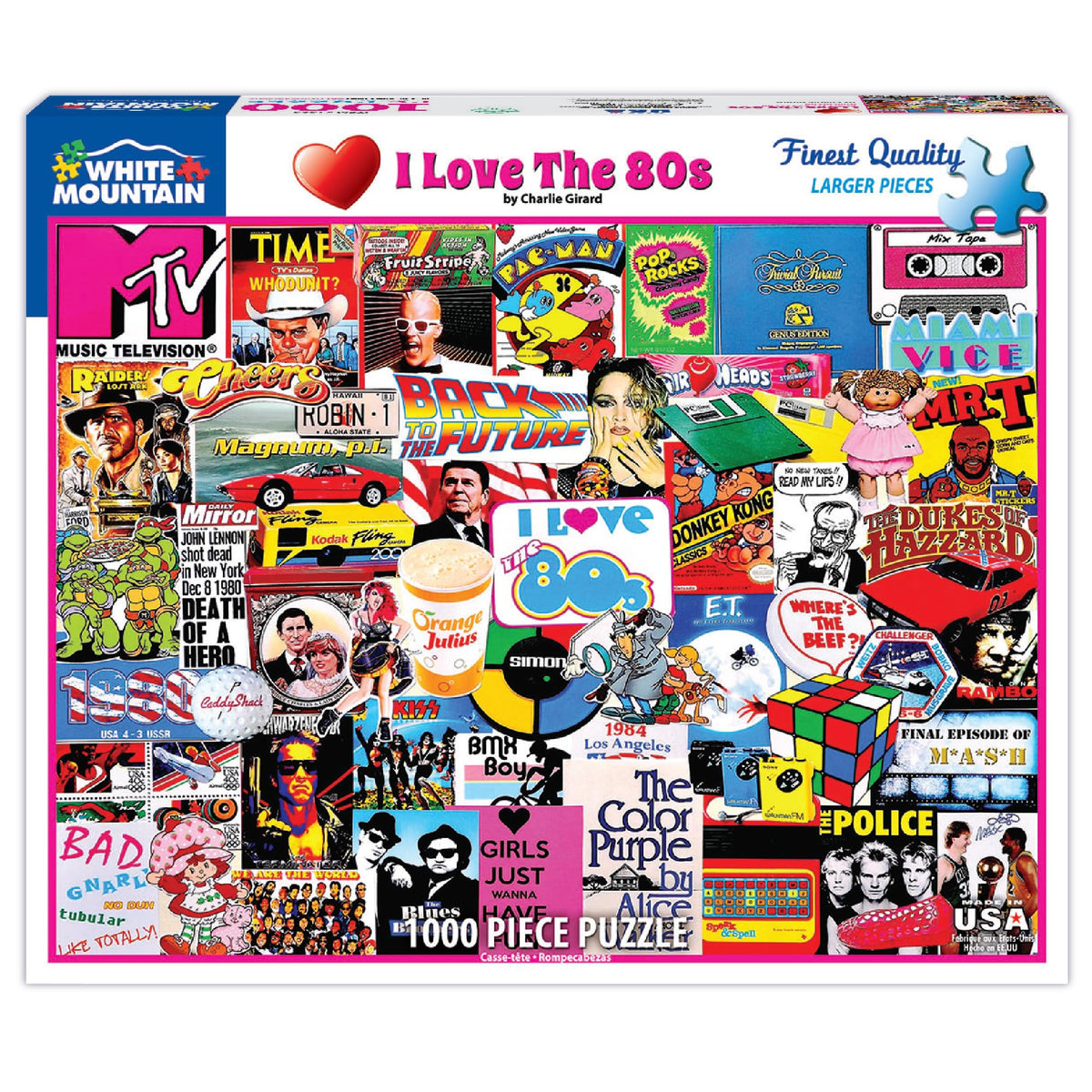 White Mountain 1000-piece I Love the 80s puzzle cover showing bold nostalgic collage for family game night