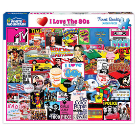 White Mountain 1000-piece I Love the 80s puzzle cover showing bold nostalgic collage for family game night