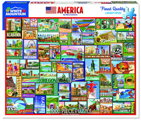 White Mountain 1000-piece America collage puzzle invites family-friendly exploration of iconic sites.
