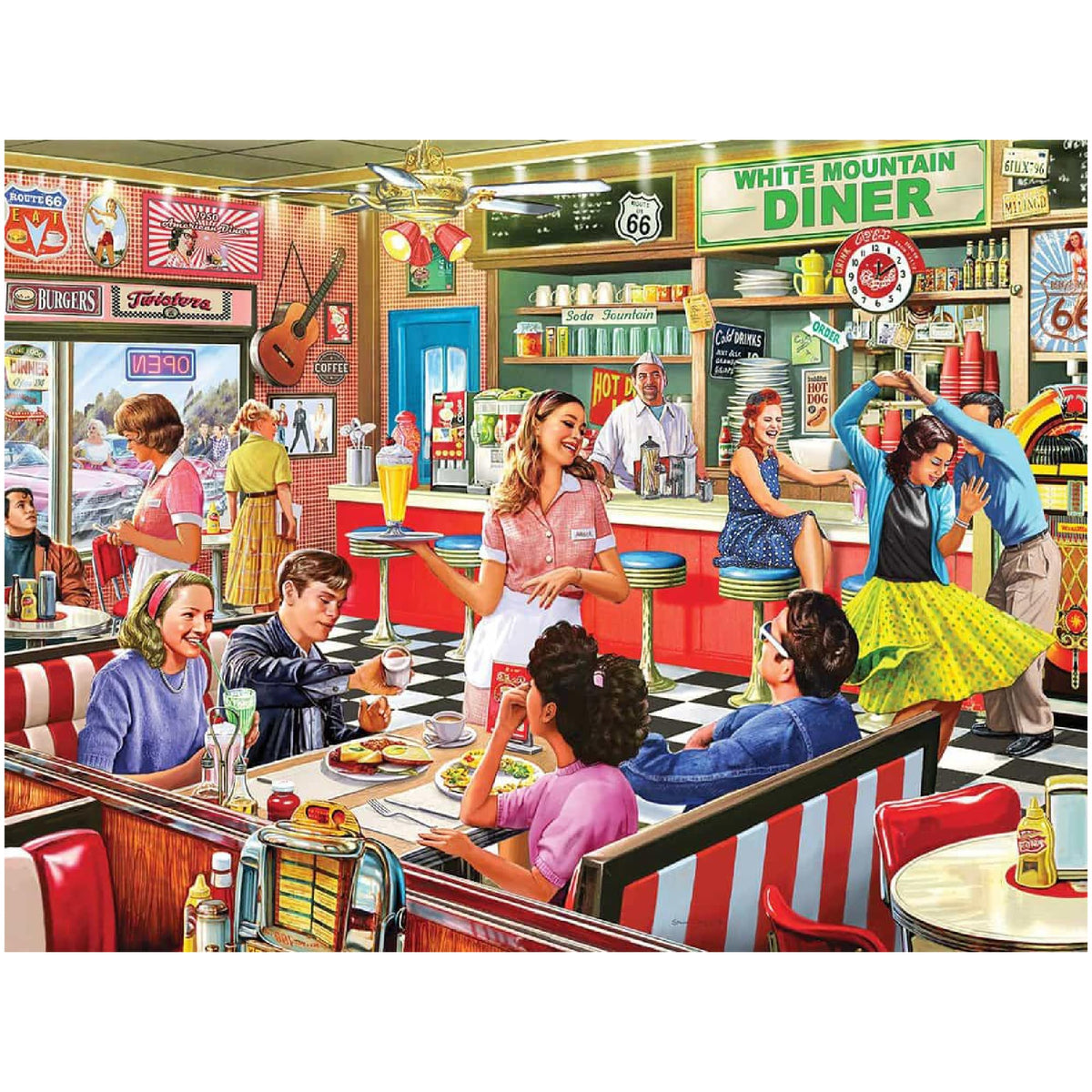 White Mountain 1000-piece puzzle of American Diner scene for family bonding.