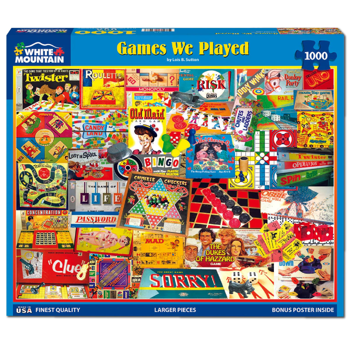 White Mountain 1000-piece puzzle close-up showing oversized pieces on blue chipboard.