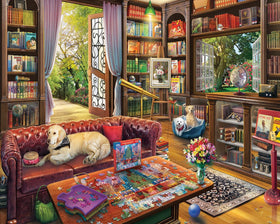 White Mountain 1000-piece puzzle with a cozy library scene, ideal for family evenings.