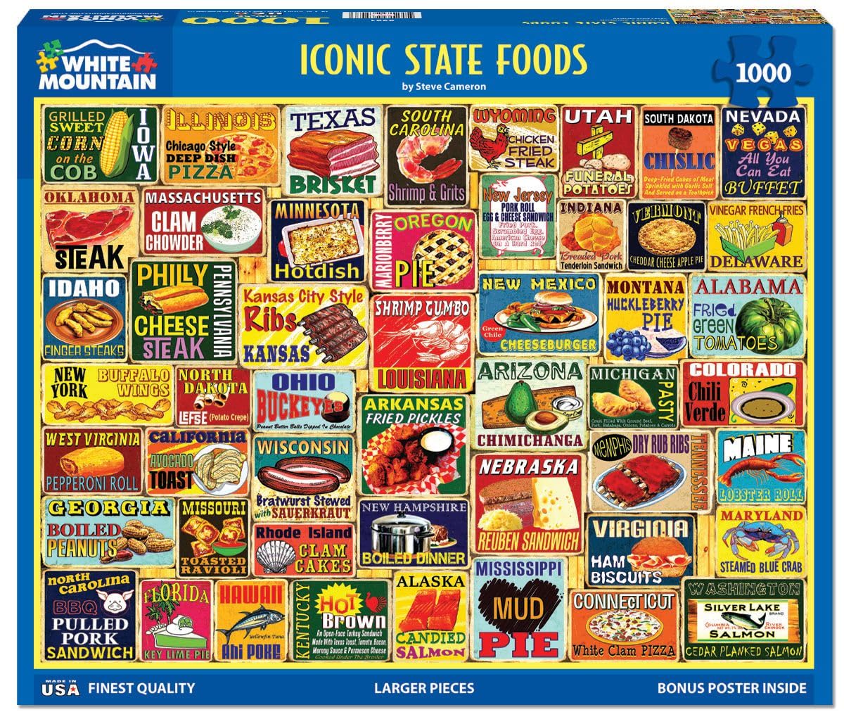 White Mountain 1000-piece puzzle cover with iconic state foods, ideal for family game night