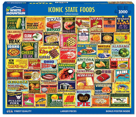 White Mountain 1000-piece puzzle cover with iconic state foods, ideal for family game night