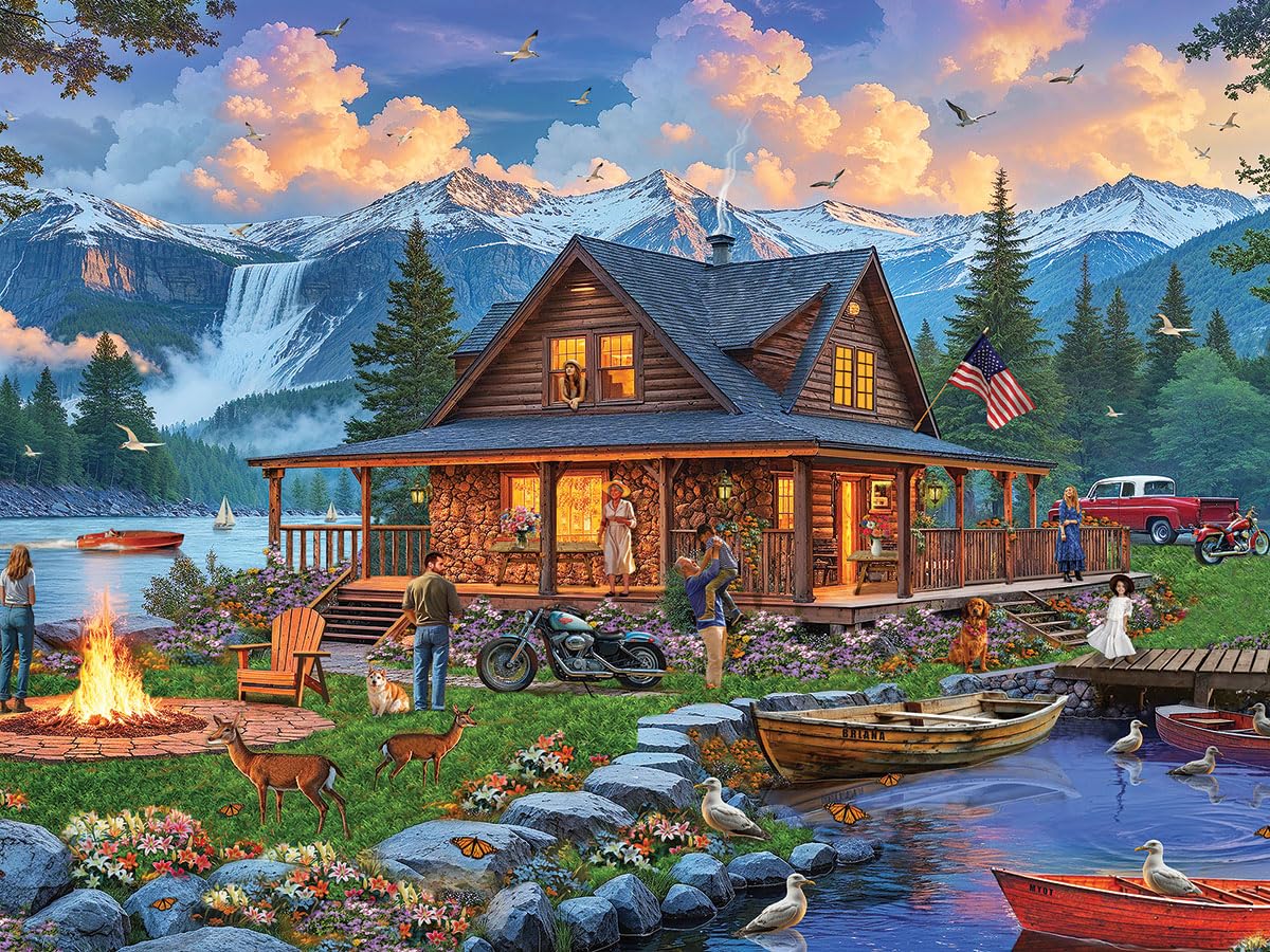 White Mountain 500-piece puzzle, cabin retreat lake view, perfect family activity and relaxing pastime