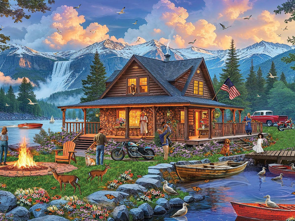 White Mountain 500-piece puzzle, cabin retreat lake view, perfect family activity and relaxing pastime
