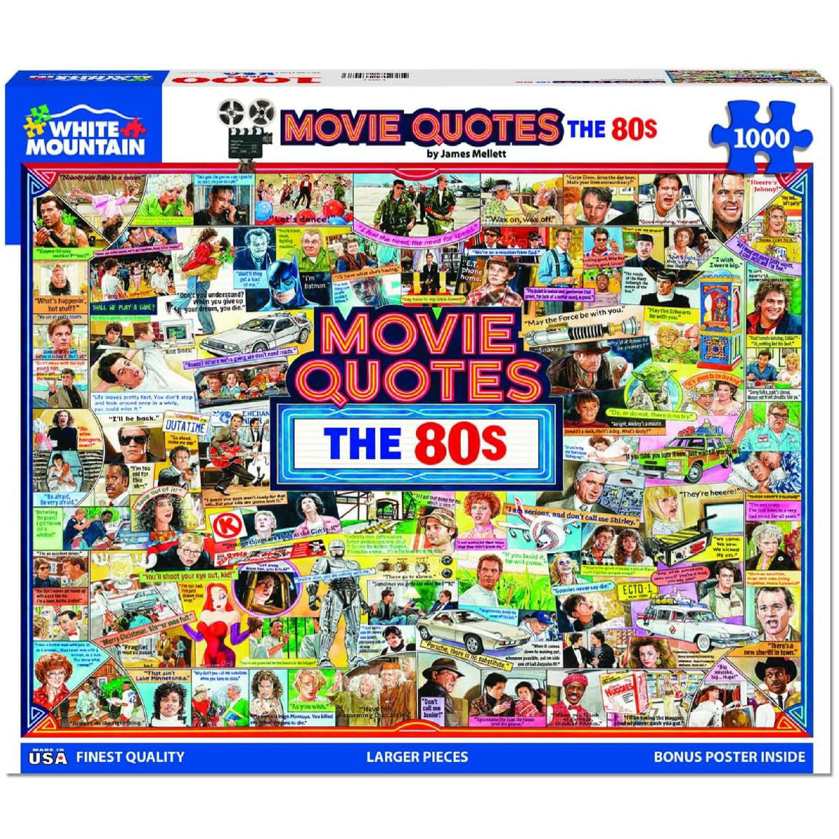 White Mountain 80s movie quotes collage puzzle invites nostalgic solving with friends.