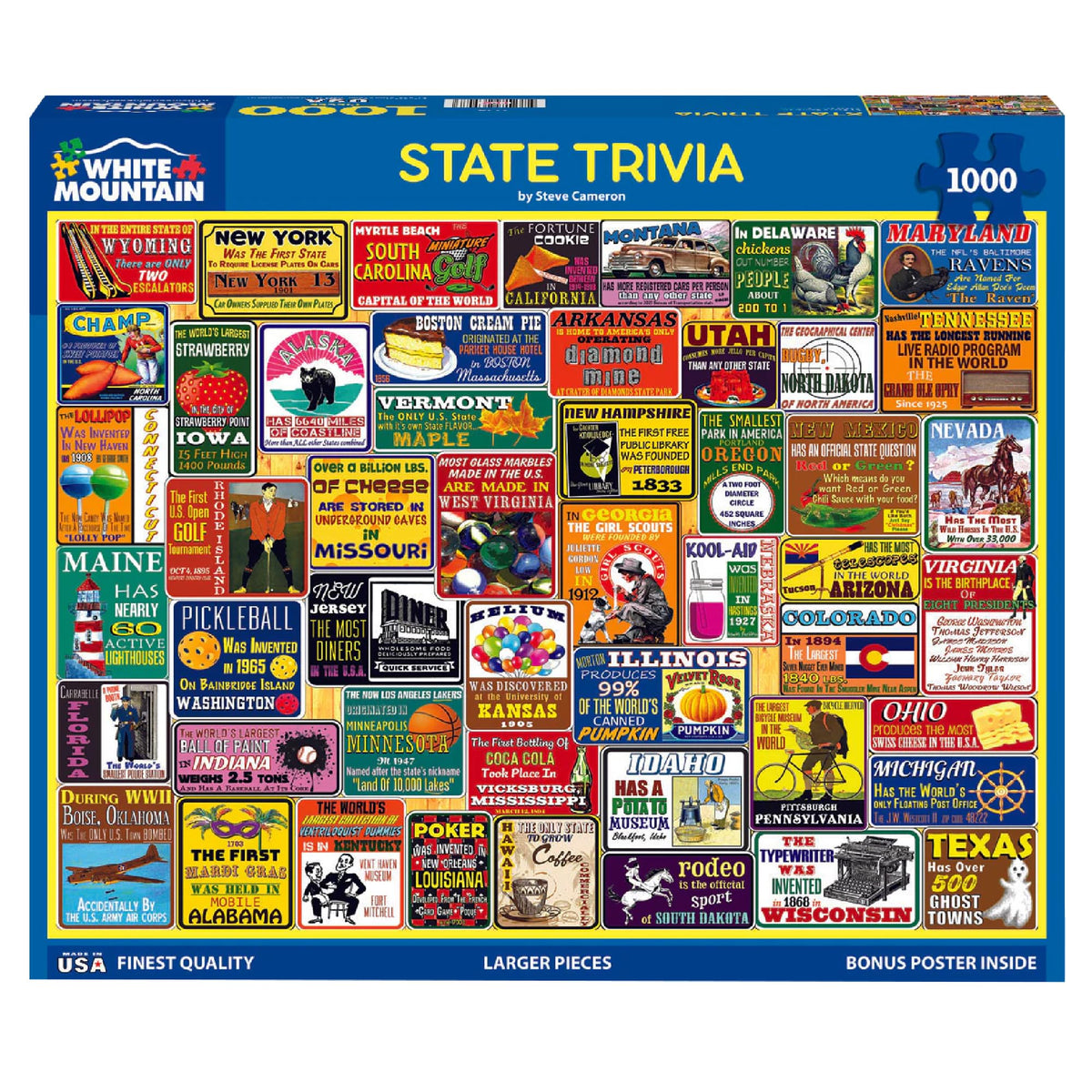 White Mountain artist-steve-cameron-collage-puzzle-1000pc features bold vintage state art.