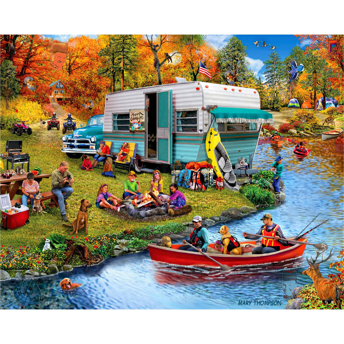 White Mountain autumn lake puzzle cover with trees and campers for family fun.