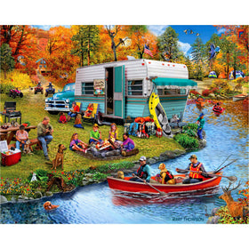 White Mountain autumn lake puzzle cover with trees and campers for family fun.
