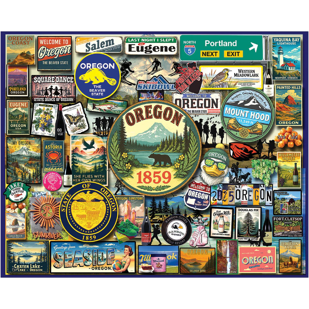 White Mountain beaver state collage puzzle front view for family fun and Oregon nostalgia.