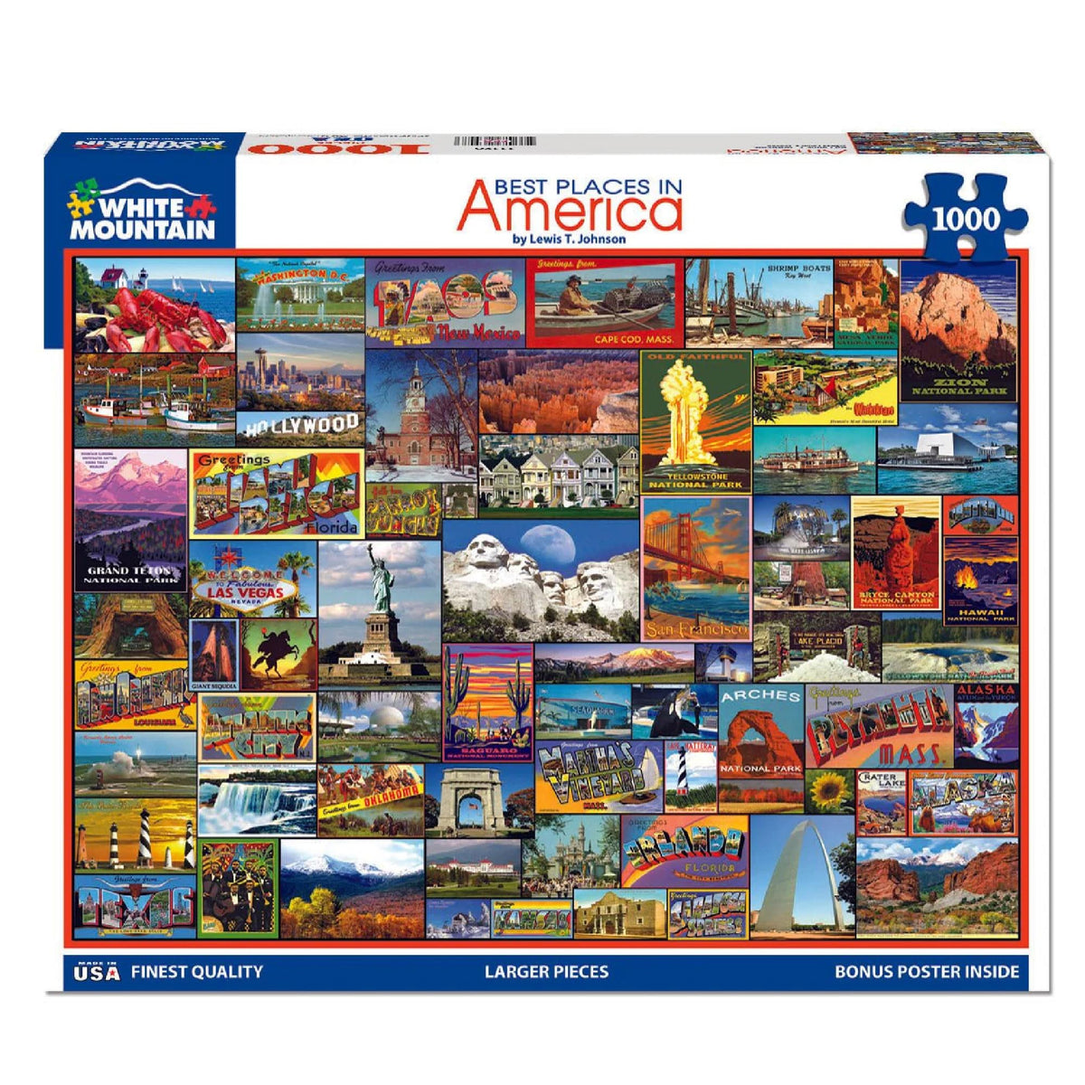 White Mountain Best Places America puzzle features bold colors and nostalgic travel art.