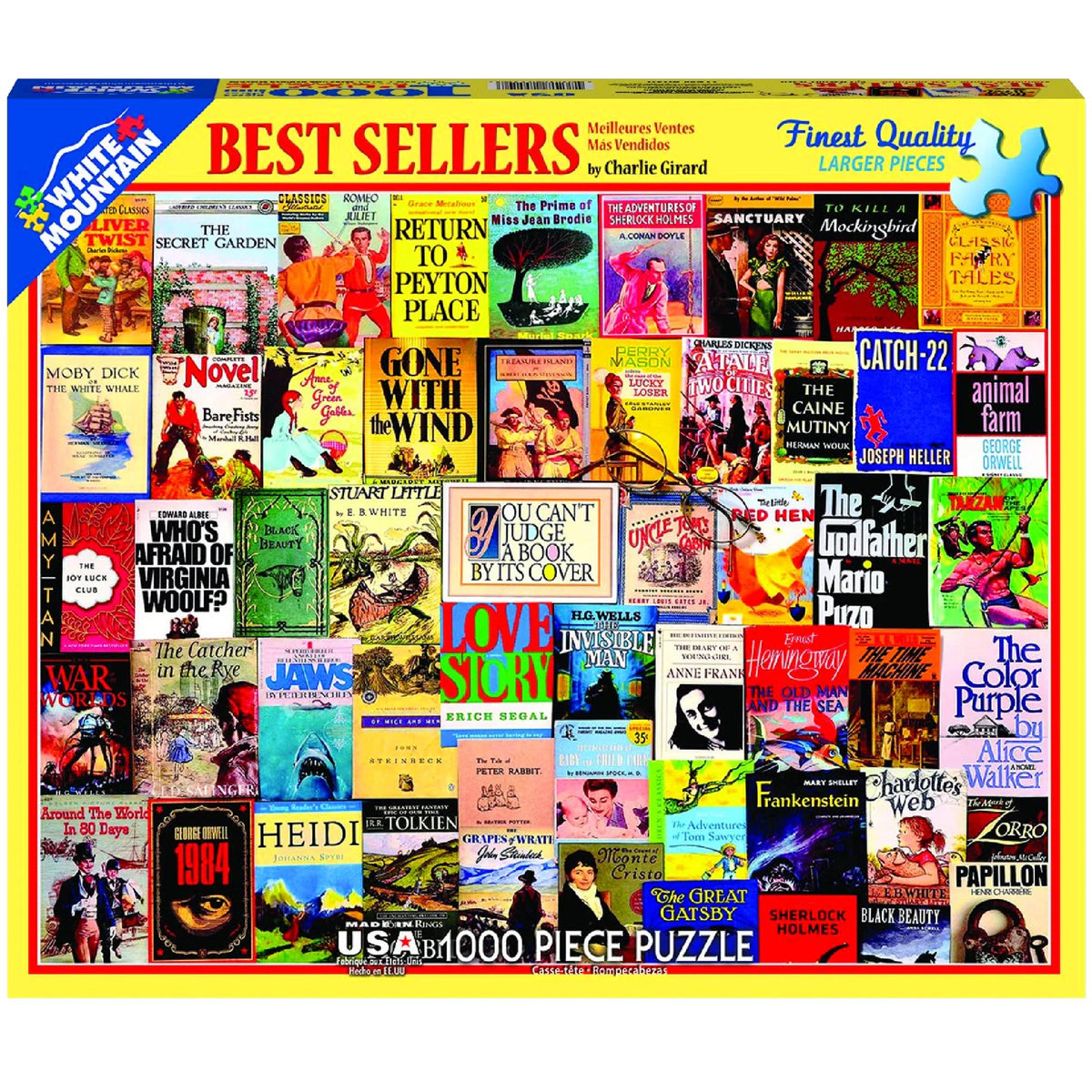White Mountain Best Sellers puzzle collage featuring vintage book covers for family fun.
