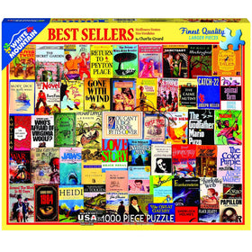 White Mountain Best Sellers puzzle collage featuring vintage book covers for family fun.