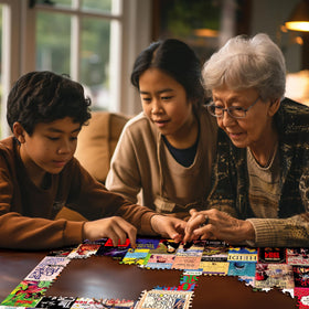 White Mountain Best Sellers puzzle uses recycled chipboard for eco-friendly crafting.