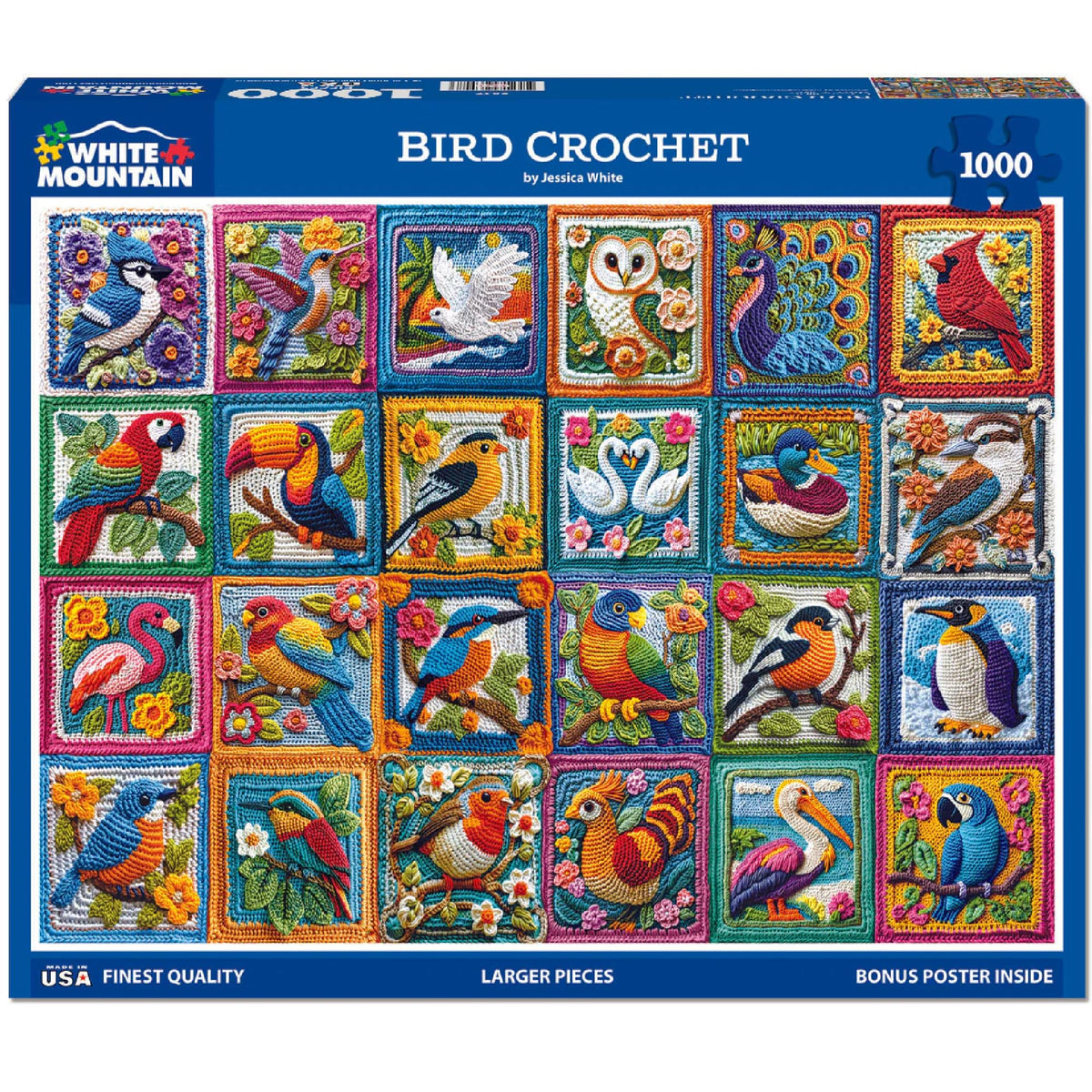 White Mountain Bird Crochet puzzle collage cover with vibrant colors for family fun.