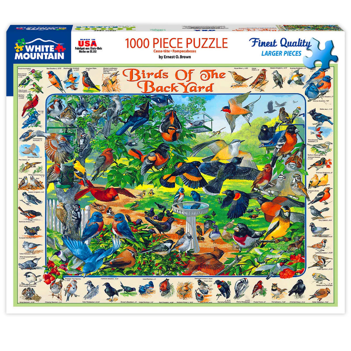 White Mountain Birds of the Backyard puzzle front view with colorful feeders scene