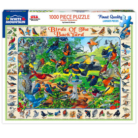 White Mountain Birds of the Backyard puzzle front view with colorful feeders scene