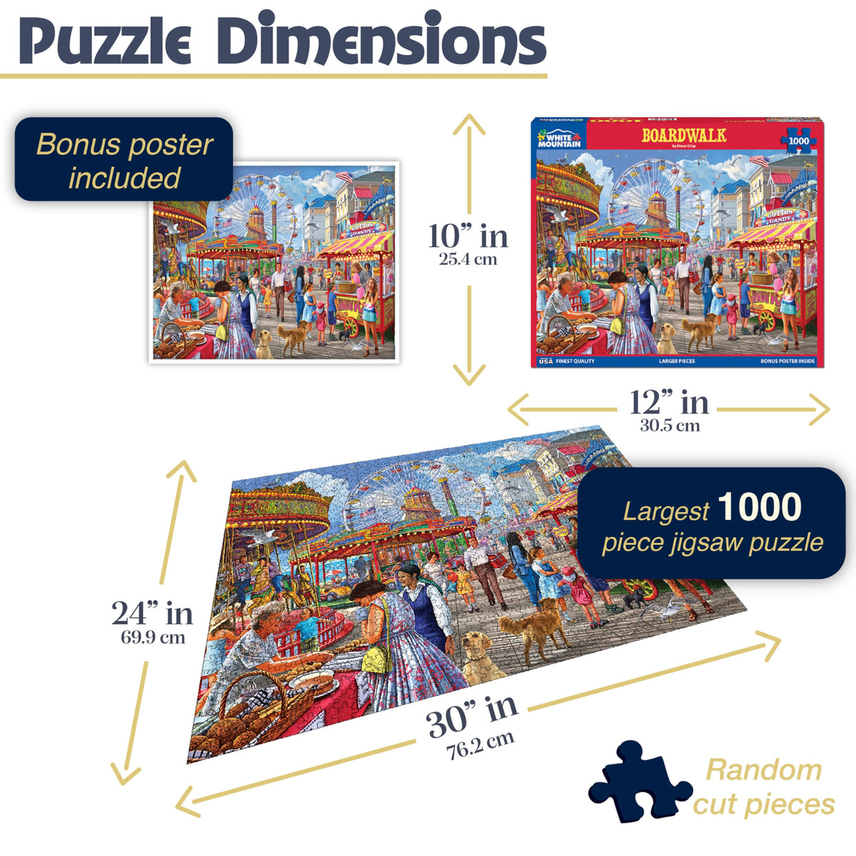 White Mountain boardwalk puzzle pieces in a sunny street scene, perfect for family solving.