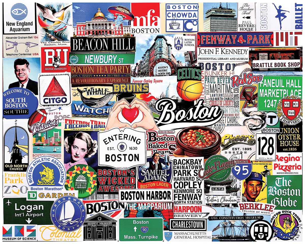 White Mountain I Love Boston puzzle featuring a Boston state collage, ideal for family puzzle nights