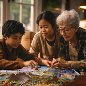 White Mountain Bright Seaside Day Lighthouse Beach Cottages puzzle for cheerful table moments.