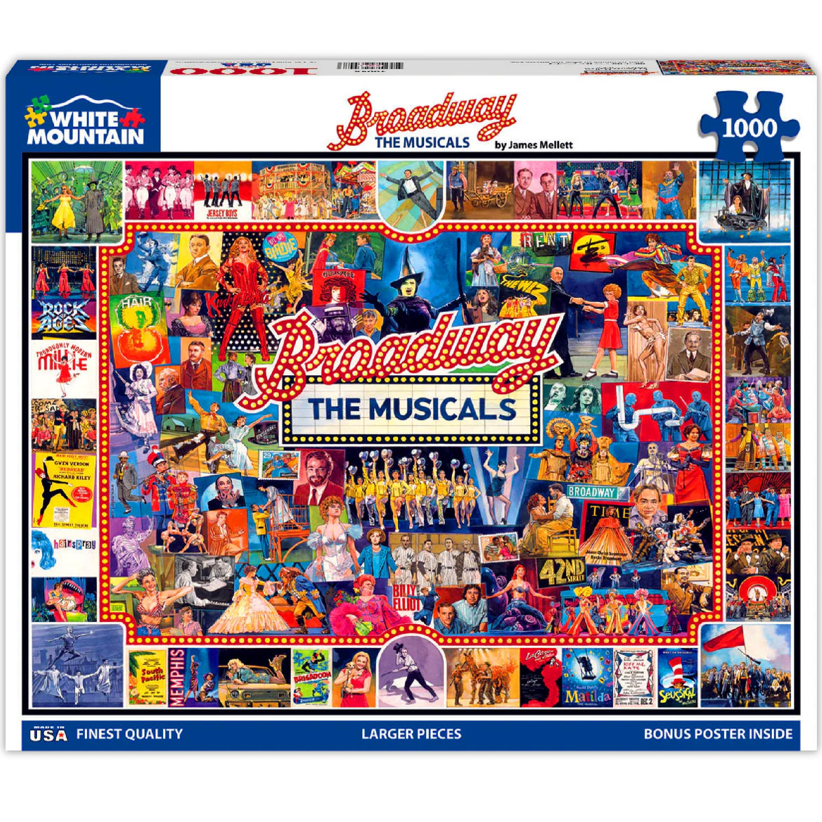 White Mountain Broadway puzzle box front with vibrant theater scene, ideal for family game night.
