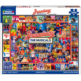 White Mountain Broadway puzzle box front with vibrant theater scene, ideal for family game night.