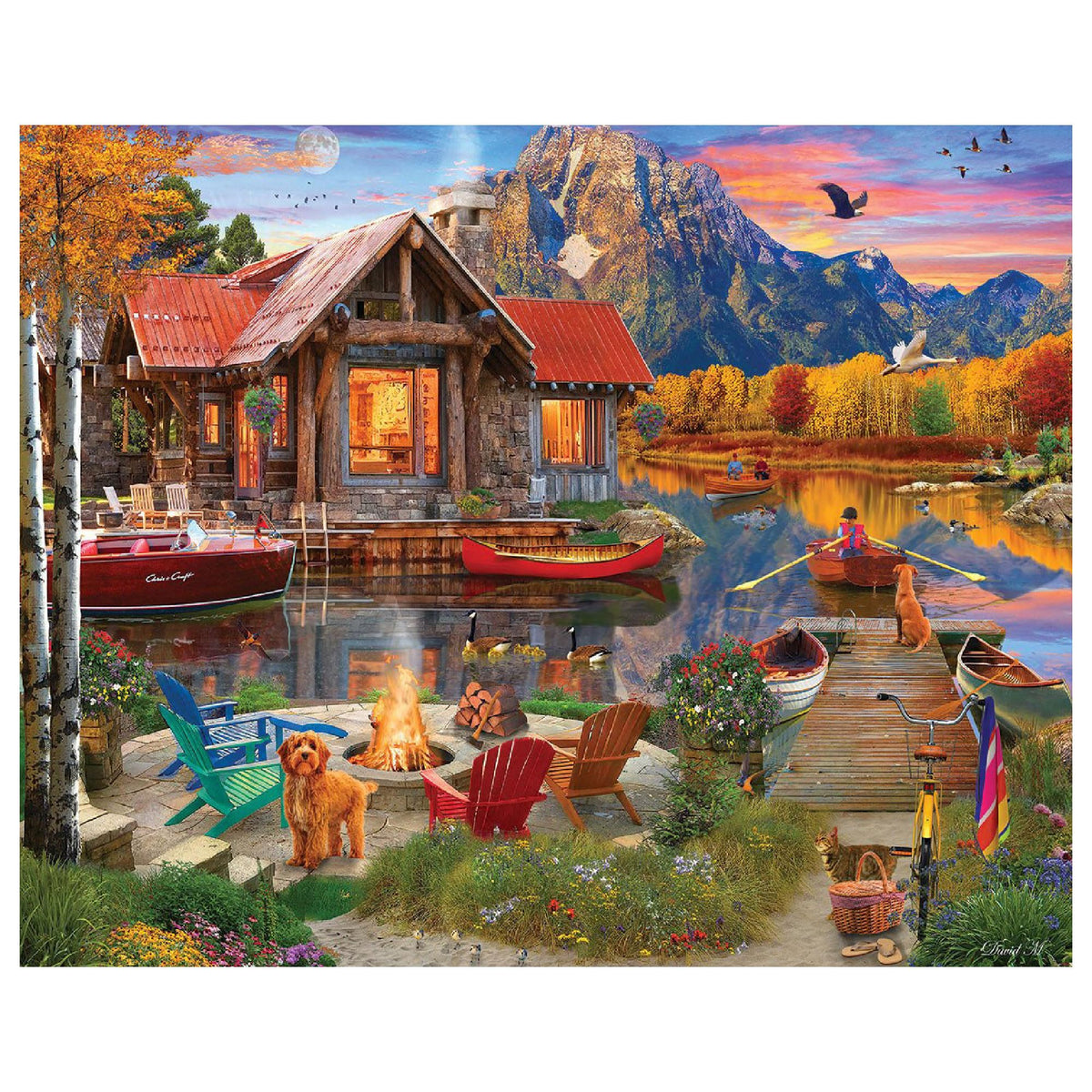 White Mountain cabin fall lake scene puzzle, ideal for family evenings