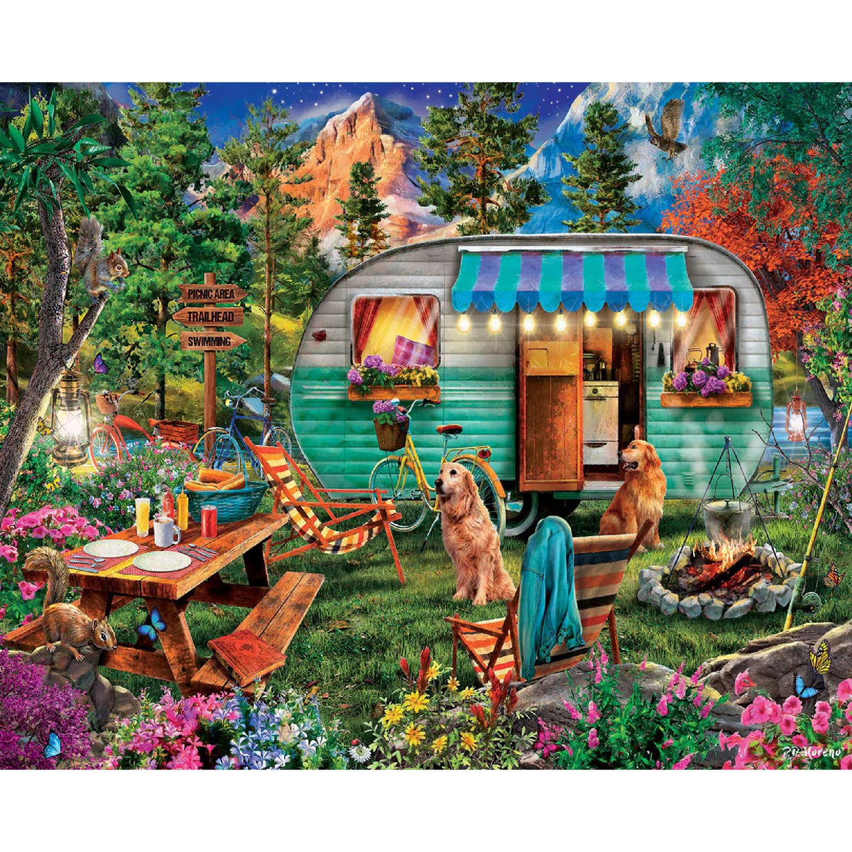 White Mountain camper scene with campfire glow for a cozy family puzzle night