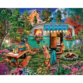 White Mountain camper scene with campfire glow for a cozy family puzzle night