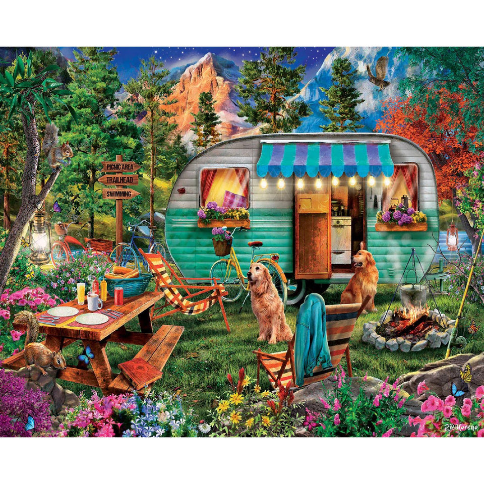 White Mountain camper scene with campfire glow for a cozy family puzzle night