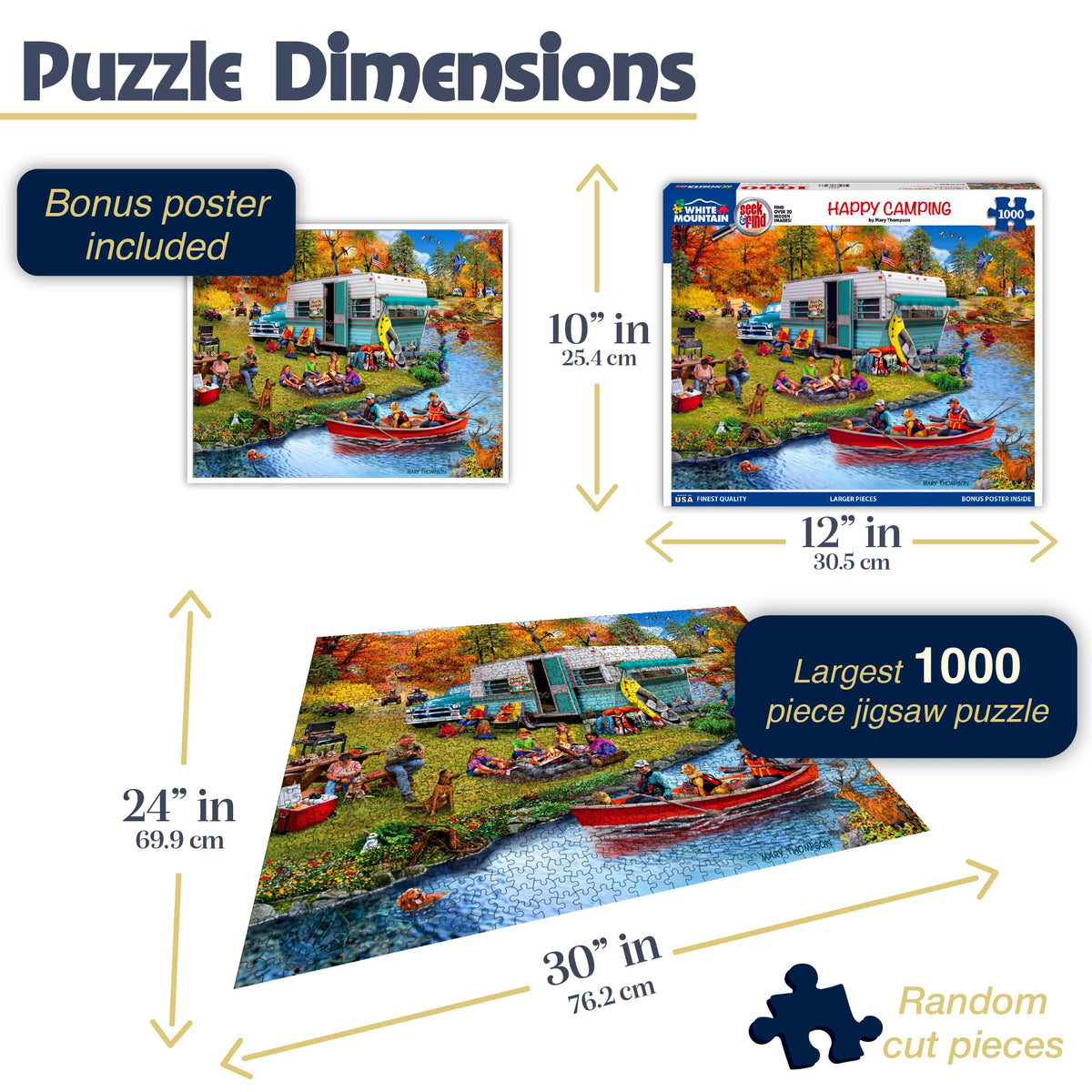 White Mountain camping scene puzzle pieces spread for family assembly.