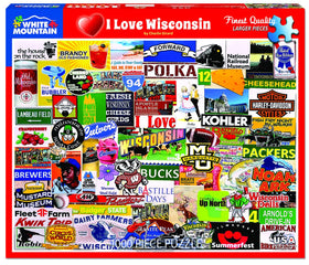 White Mountain Cheesehead collage puzzle artwork featuring Wisconsin icons for family fun