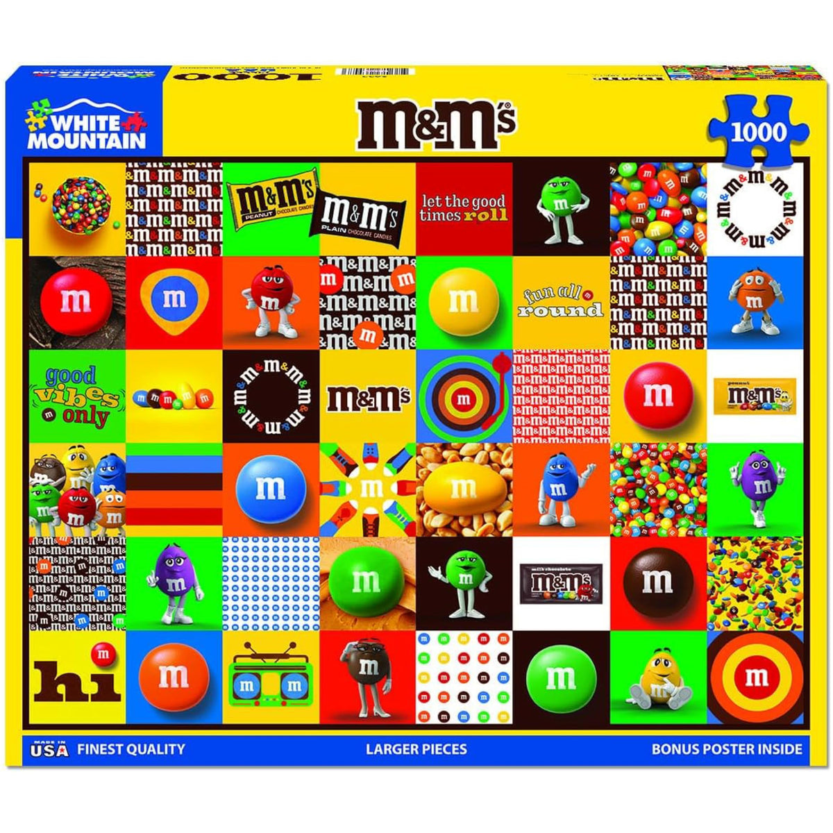 White Mountain colorful candy collage 1000-piece puzzle, ideal for family game night.