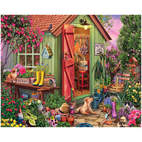 White Mountain colorful flower garden potting shed puzzle, vibrant spring scene for family time.