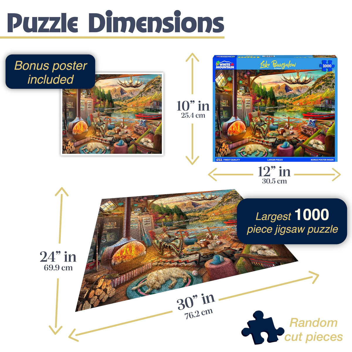 White Mountain cozy cabin lake scene puzzle: relaxing, mindful focus at home.