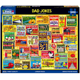 White Mountain Dad Jokes puzzle front cover featuring bright signs for family fun.