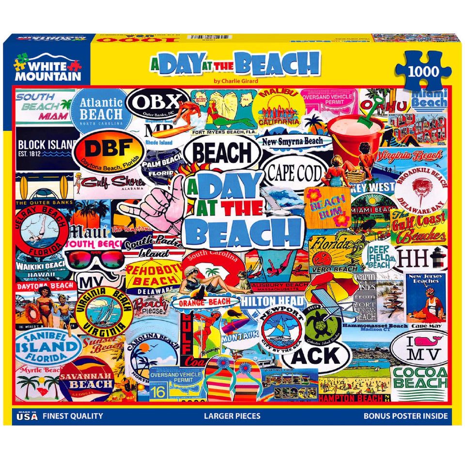 White Mountain day at the beach collage 1000-piece puzzle, perfect for family weekend gatherings.